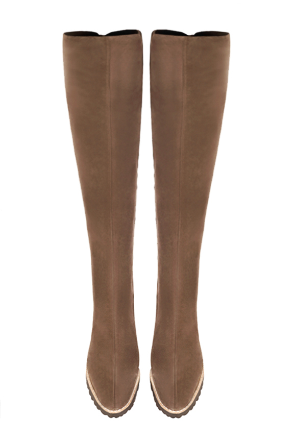 Chocolate brown women's leather thigh-high boots. Round toe. Flat rubber soles. Made to measure. Top view - Florence KOOIJMAN